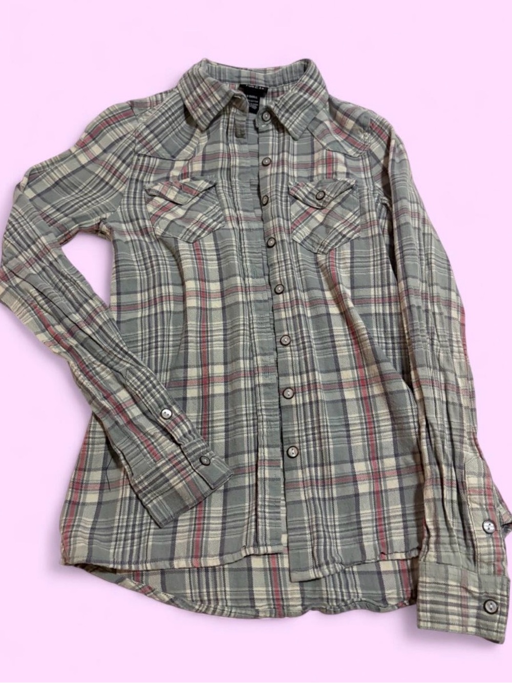 Rue21 Women’s Plaid Button-Up Shirt - Olive and Red